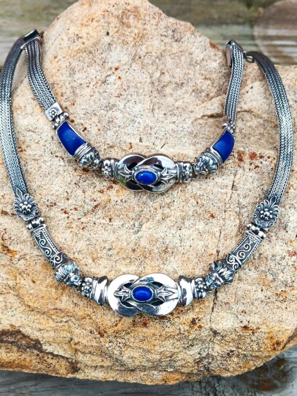 Silver-Tone Necklace with Royal Blue Accent - Women's Statement Jewelry